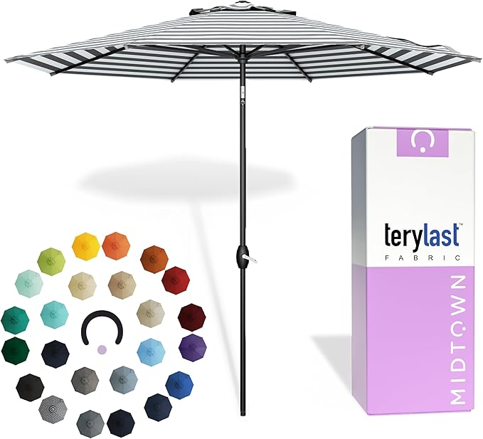 Midtown Umbrellas The Lean 8 Feet Outdoor Umbrella With Terylast Matter Stripes (Grey/White Stripes) Polyester Fabric - Auto-Tilt Aluminum Frame Patio Umbrella For Deck, Garden, Pool - Black Pole