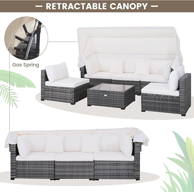 HAPPYGRILL 6-Piece Rattan Wicker Furniture Set with Canopy, Patio Conversation Set with Tempered Glass Coffee Table, Outdoor Sectional Sofa Set for Backyard Poolside