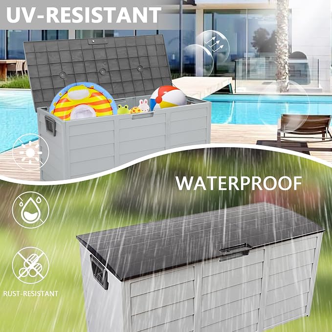 75 Gallon Outdoor Storage Box,Waterproof Deck Box with Lockable Lid&Wheels,Easy-open Outdoor Storage Bench with Handles for Garden,Pool,Balcony (Light Gray)