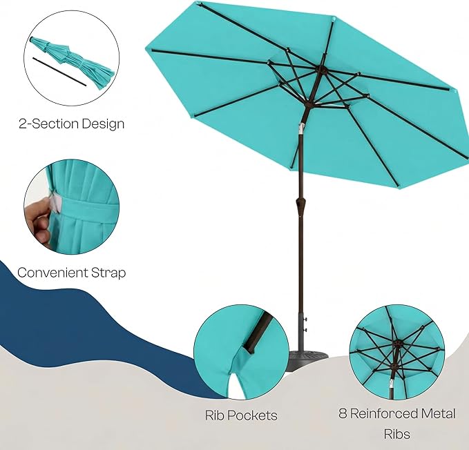 Outdoor Patio Umbrella, 2 Tiers Market Table Umbrella with 8 Sturdy Ribs, Push Button Tilt and Crank, UPF50+ UV Protection for Deck, Pool, Garden and Backyard