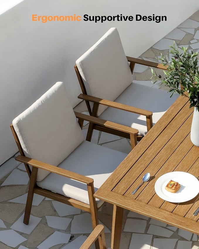 6-Piece Outdoor Dining Set, Aluminum Outdoor Table and Chairs Set with 4 Dining Chairs & Backless Bench, Weather-Resistant Bench Dining Table Set with Removable Cushions for Garden, Deck, Teak
