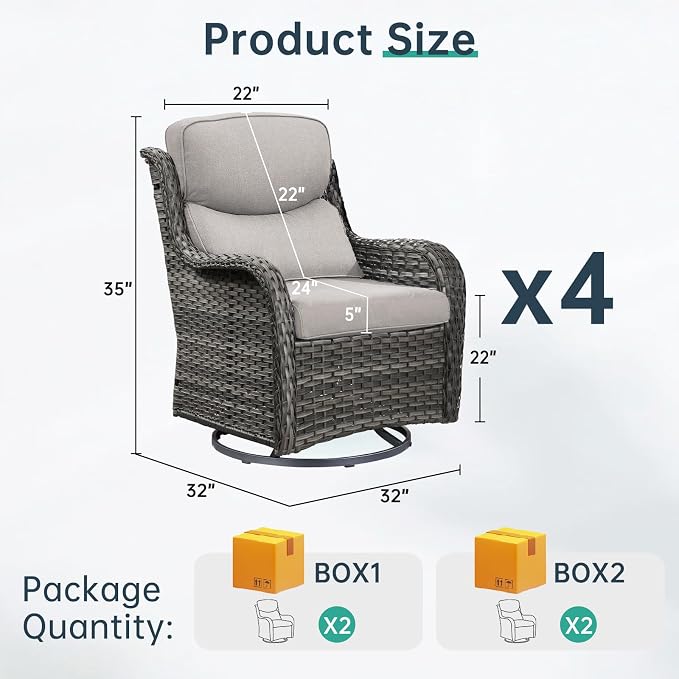 Outdoor Swivel Rocker Patio Chairs Set of 4-5" Thick Cushion 4 Piece Furniture Set All Weather Comfortable Wicker Conversation Set for Porch Poolside and Deck - Gray/Beige