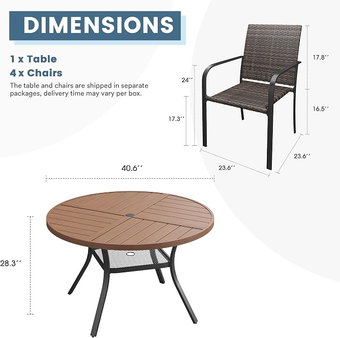 DIFY 5 Piece Outdoor Dining Set for 4, 40.6" Walnut Round Metal Dining Table with Umbrella Hole and Stackable Wicker Patio Chairs, All-Weather Patio Table and Chairs Set for Deck Garden Backyard