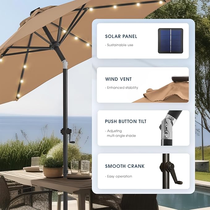 wikiwiki 9FT Solar Led Patio Umbrella with Base Included, 32 LED Lights, 8 Sturdy Ribs, Fade Resistant Waterproof POLYESTER DTY Canopy for Garden, Lawn, Deck, Backyard & Pool, Tan