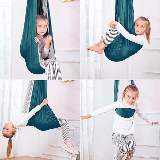 Therapy Swing Hammock Kids Cuddle Sensory Swing Indoor Therapeutic Hammock 360° Rotating Double Layer Elastic Rocking Cloth Swing Gifts for Children with ADHD SPD Asperger Autism (Green+Grey)