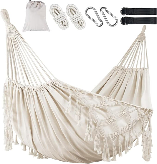 Brazilian Style Double Hammock with Fringe, 2 Person Patio Hammock for Backyard & Indoor Relaxation, Soft Breathable Fabric, Easy Setup with Straps & Carry Bag, 360 lbs Capacity