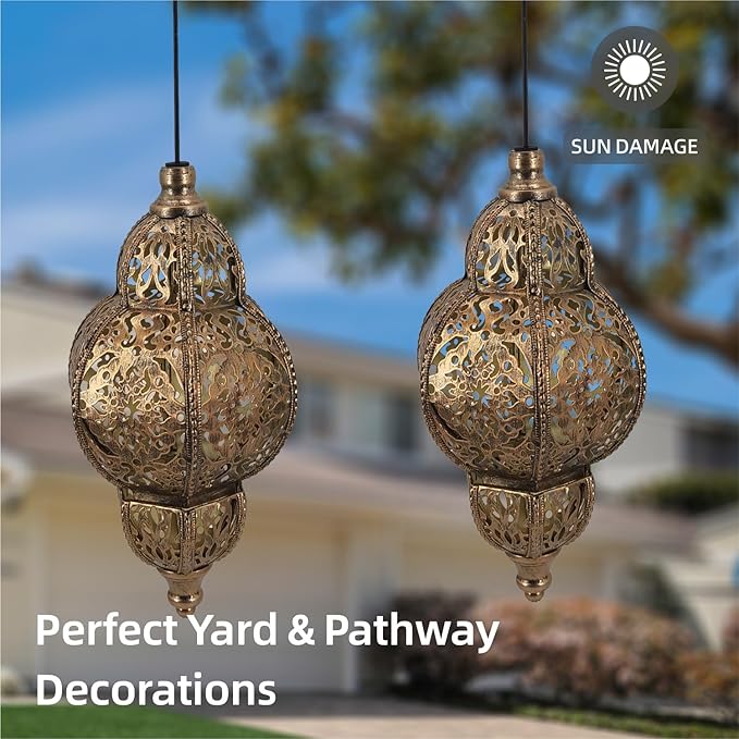 Hanging Solar Lights Garden Lights Metal Moroccan Lamp Waterproof for Outdoor Hanging Decor Yard Backyard Garden Decorative (2 Pack, Bronze)