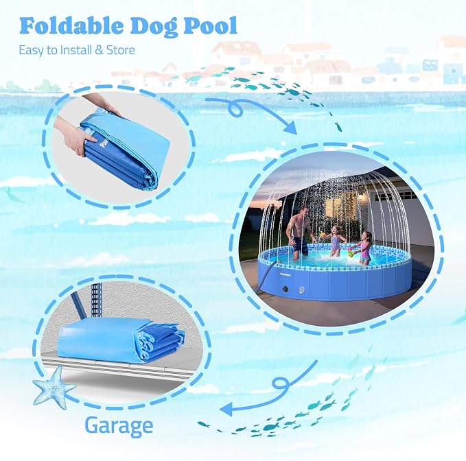 Pawtners 72'' Foldable Dog Pool for Large Dogs, 3 in 1 Portable Kids Swimming Splash Pool with Sprinkler & Light, Non-Slip Heavy Duty Hard Plastic Pet Bathing Tub for Outdoor Backyard
