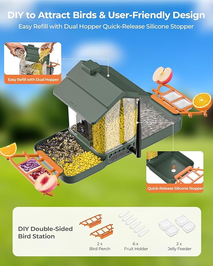 2-in-1 Bird Bath and Bird Feeder with Cameras Solar Powered 2K Dual Cameras Birds Feeder and Bath for Outside Yard Garden, Gift for Dad Mom Kids (Dark Green + Orange)