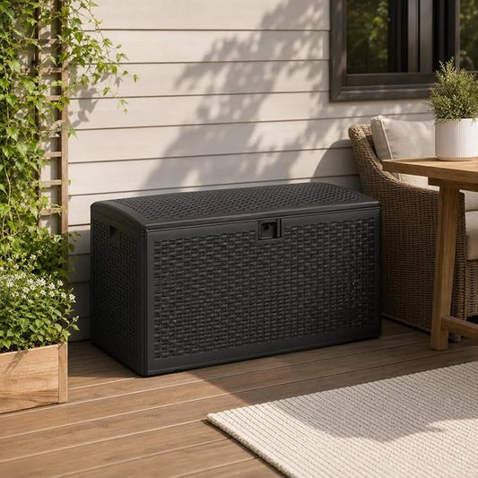 99 Gallon Outdoor Resin Deck Box - Weatherproof Large Storage Bench with Lockable Hydraulic Lid - UV Resistant Wicker Style for Garden Tools, Pool Toys, Furniture Cushions - Black