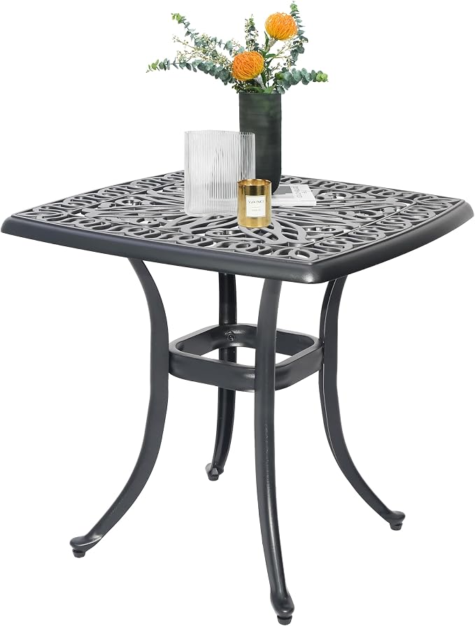 Cast Aluminum Outdoor Side Table, All Weather Metal End Table, Black Small Patio Table for Porch, Garden, Balcony, Black (21" Square Side Table)