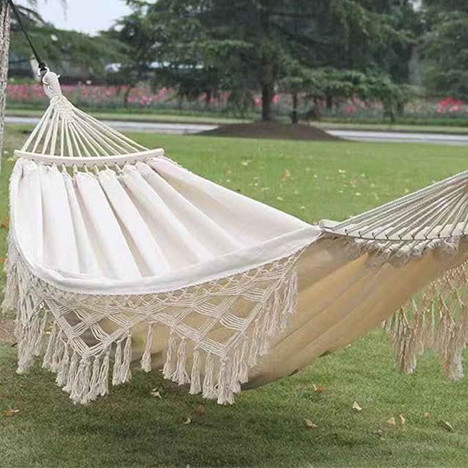 Backyard Hanging Hammock with Tassels, 500lb Load Capacity, Single Double Size 102x59in - Lightweight Foldable Outdoor Cotton - Polyester Blend for Garden, Patio, Camping Relaxat (White)