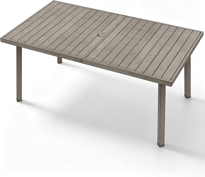 Never-Rust Aluminum Patio Dining Table, 63" x 35" Rectangular Outdoor Dining Table for 6, Outdoor Patio Table with Umbrella Hole for Courtyard, Garden, Veranda, Deck, Gray Oak