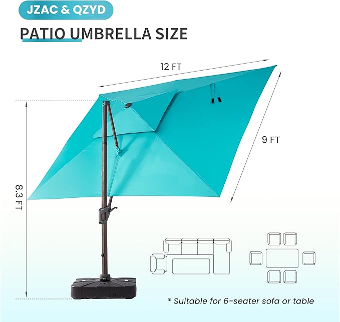JZAC & QZYD 9x12 FT Outdoor Cantilever Patio Umbrella with Base Included and LED Lights, Large Heavy Duty 2-Tier Aluminum Offset Umbrellas with 360-Degree Rotation for Pool Deck, Turquoise