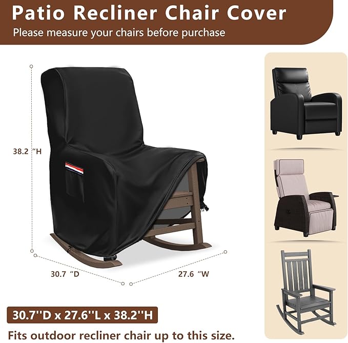 Outdoor Recliner Chair Cover,600D Heavy Duty Waterproof Patio Reclining Lounge Chair Cover,Outdoor Furniture Covers for Lawn/Garden Recliner Chiar,Black