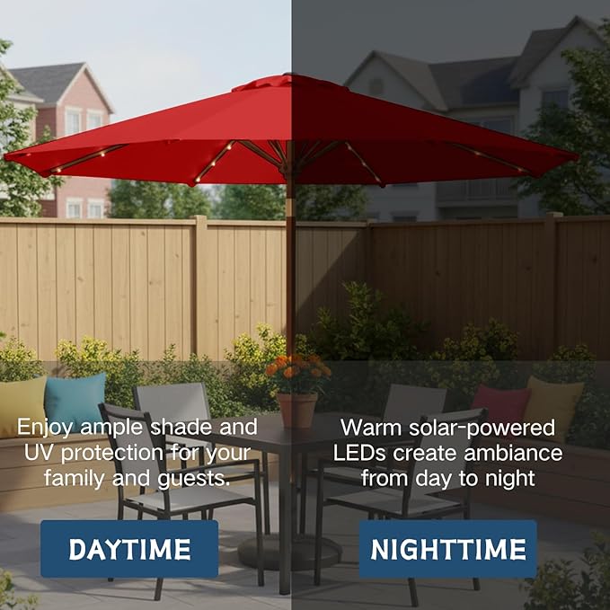 9' Solar LED Patio Umbrella with Tilt & Crank|8 Sturdy Ribs,UV Protection,Outdoor Market Table Umbrella for Deck,Lawn,Pool,Backyard (Red)