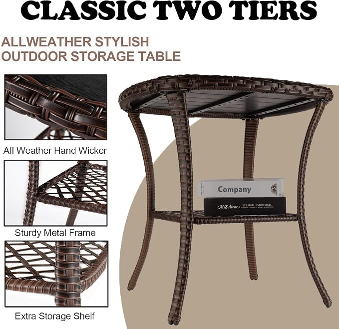 Outdoor Patio Side Table Set of 2 Small Brown Wicker Rattan End Table for Outside Storage Coffee Table with Poly Lumber Table Top for Garden Lawn Pool Porch Deck