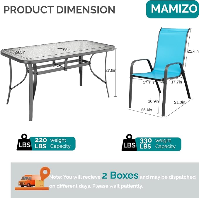 MAMIZO 7 Pieces Patio Dining Set for 6, Outdoor Table and Chairs w/Rectangle Glass Table and 6 Textilene Stackable Chairs, Patio Furniture Set w/1.69" Umbrella Hole (Grey Table & Sky Blue Chair)