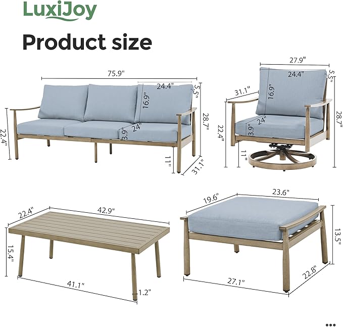 6 Pieces Aluminum Outdoor Patio Furniture Sets with Coffee Table, Cushioned 3-Seat Sofa Couch and Swivel Chairs with Ottomans, All-Weather Conversation Set for Yard Proch Deck, Blue & Brown