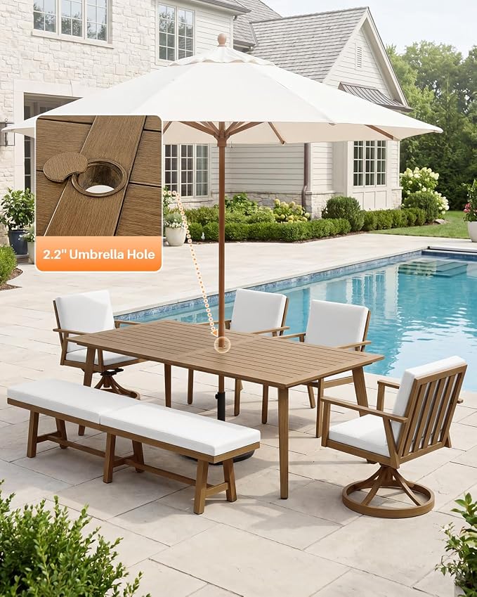6-Piece Never-Rust Aluminum Bench Dining Table Set, Patio Dining Set with Umbrella Hole, Outdoor Bench with Rectangular Table, 2 Dining Chairs and 2 Swivel Chairs for Deck, Backyard, Teak