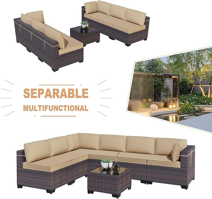 Kullavik 10PCS Outdoor Patio Furniture Set,PE Wicker Rattan Sectional Sofa Patio Conversation Sets with Tempered Glass Table,Swivel Rocking Chairs Set,Sand