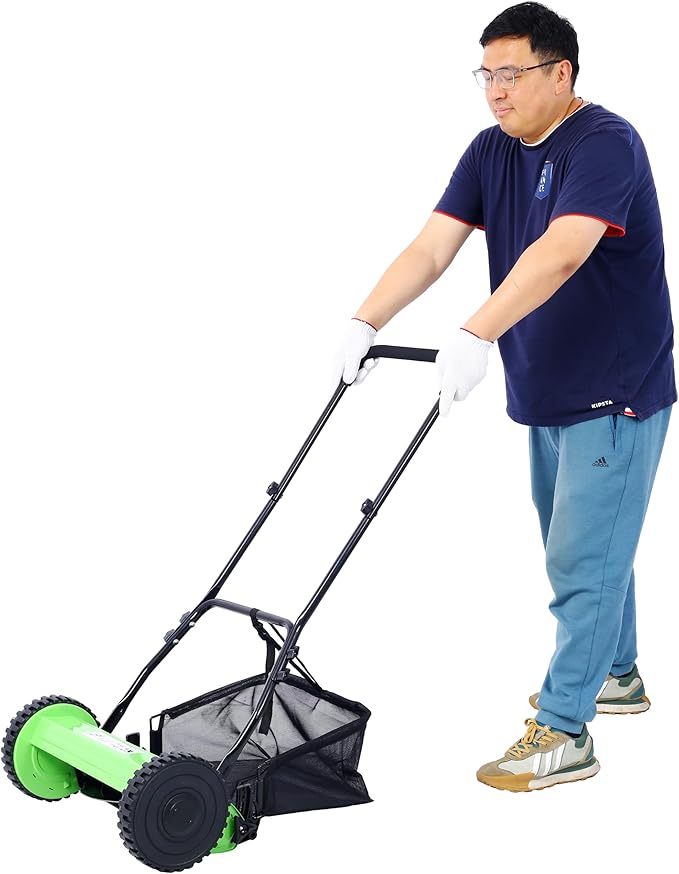 14-Inch 5-Blade Push Reel Lawn Mower – Manual Grass Cutter with Adjustable Height & Grass Catcher, Eco-Friendly, Quiet, Low Maintenance (Green)
