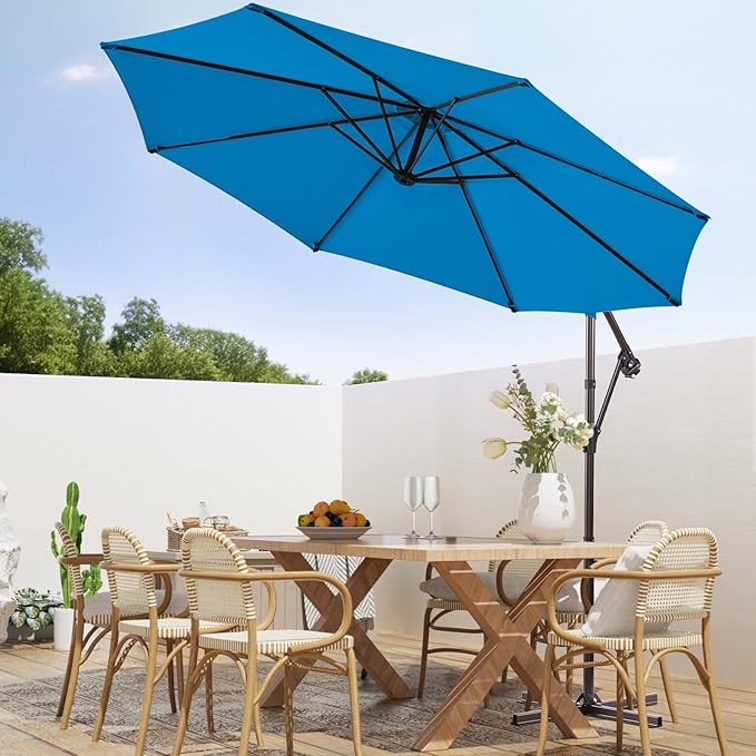 wikiwiki 10ft Patio Umbrellas Offset Outdoor Umbrella Cantilever Hanging Umbrellas w/Infinite Tilt, Fade Resistant Waterproof RECYCLED FABRIC Canopy & Cross Base, for Yard, Garden & Deck, Royal Blue