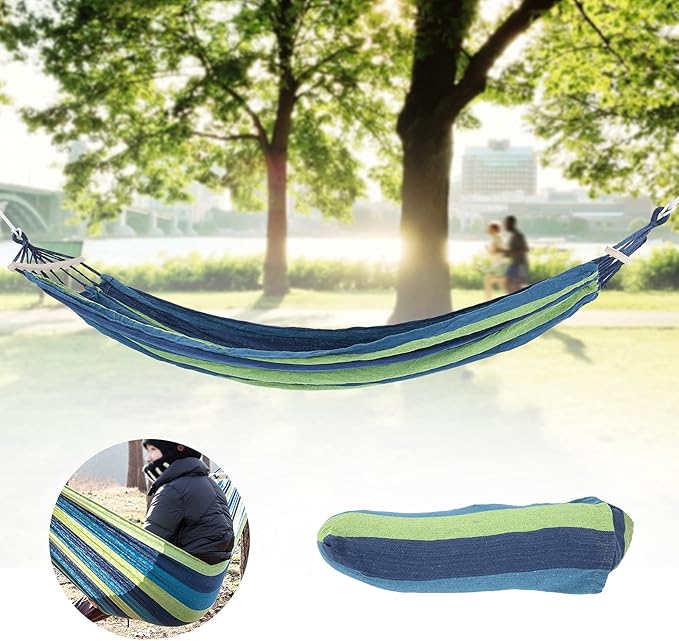 Camping Hammock Portable Outdoor Travel Lightweight Hammock with Hardwood Spreader Bar for Camping Hiking Made of Canvas Blue with Color Stripe Approx 240x150cm 1230g