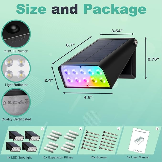 Solar Lights Outdoor Waterproof, 6-Mode RGBW Color Changing, 90° Adjustable, Auto On/Off, Father's Day Mother's Day 4th of July Decor for Fence, Patio, Garden, Yard, Pathway, Porch (4-Pack)