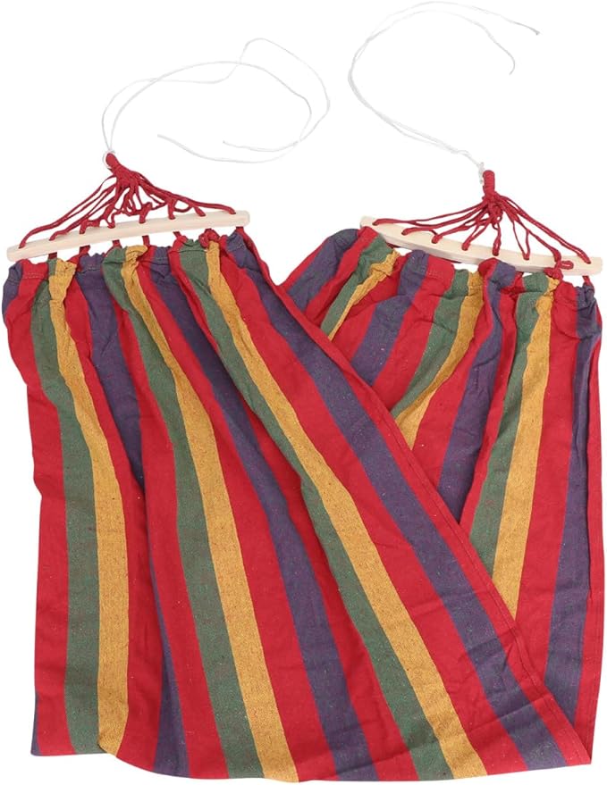 Canvas Single-Person Rainbow Striped Hammock with Anti-tip Design, Outdoor Traveling Swing for Leisure and Camping, Red Wide Cotton Fabric for Patio and Garden Use