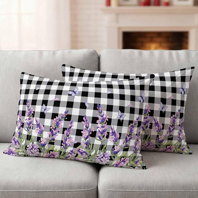 Lavender Floral Outdoor Waterproof Pillow Covers, Purple Flowers Butterfly Black Gray Plaid Decorative Rectangle Throw Pillowcase Sofa Cushion Sham for Patio/Couch/Chair, 20"x12" 2 Pack