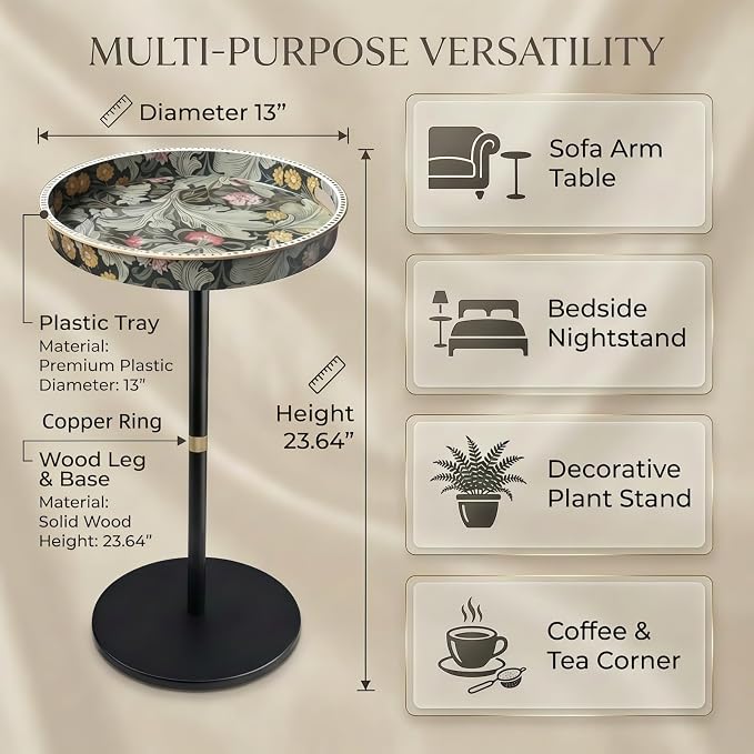 Gesodant Boho Single Leg Round Side Table with Tray Top, Pedestal Drink Table for Small Spaces, Aesthetic Accent Nightstand for Living Room, Bedroom, Corners, and Office (Daisy)