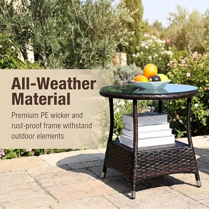 IRONORA Outdoor Wicker Coffee Table Patio Round Side Tables for Outside, Tempered Glass Top Wicker Table with Storage End Table for Balcony Porch Deck