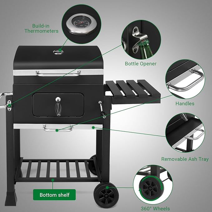 Outdoor BBQ Charcoal Grills,Heavy Duty Charcoal Grill,Metal Outdoor Barbecue Smoker,Portable Camping Barbecue Grills,with Foldable Side Tables,for Garden, Backyard, Patio, Picnics, Party (Black)