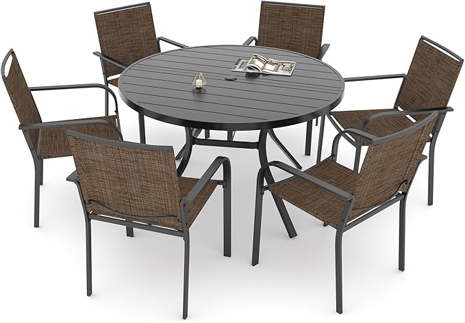 Anmutig 7-Piece Patio Dining Set, 48-Inch Round Dining Table with 6 Stackable Chairs, All-Weather Brown Tan