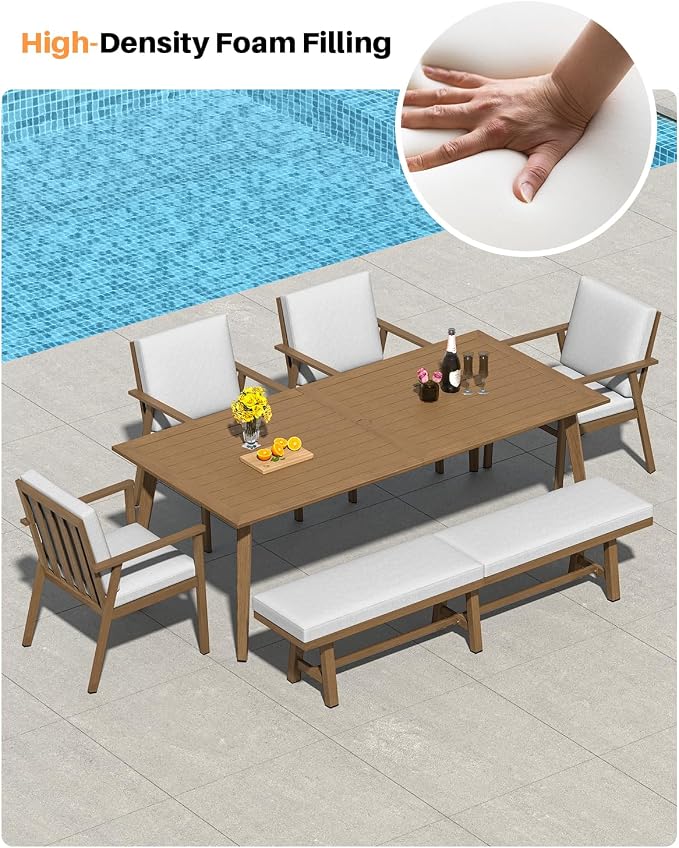 6 Pieces Never-Rust Outdoor Dining Set, Aluminum 8-Person Dining Table with 4 Chairs and 3-Person Backless Bench, Outdoor Patio Dining Furniture Set with Cushion for Lawn, Deck, Garden, Teak