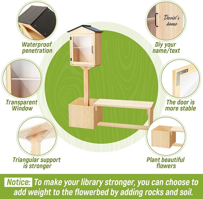 Wonderjune 3-in-1 Little Library Box Outdoor with Bench & Planter DIY Paintable Lending Free Library Pine Wood Neighborhood Share Box Ground Mount Kit for Yard Garden Community School(Wood)