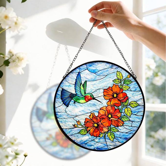 Stained Glass Window Hanging - Colorful Hummingbird Poppy Suncatcher for Windows Doors Home Decor, Hummingbird Red Flowers Sun Catcher Gift for Women Mom Nana Bird Lovers Christmas Mother's Day Birthd