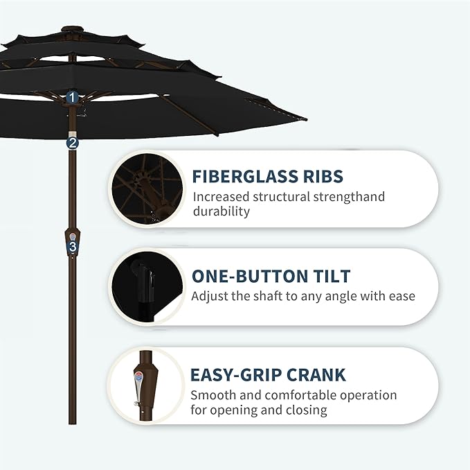 PatioKingdom 9ft 3-Tier Patio Market Umbrella with Crank/Tilt, Commercial Heavy Duty Wind Proof,Outdoor Table Umbrella with 8 Fiberglass Ribs,UPF50+ for Deck,Pool,Garden,Backyard (Black)