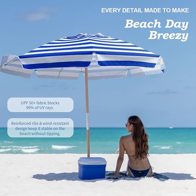 AMMSUN 7.5ft Heavy Duty HIGH Wind Beach Umbrella Commercial Grade Patio Beach Umbrella with Air Vent Ash Wood Pole & Carry Bag UPF 50+ Protection Stripe Blue white