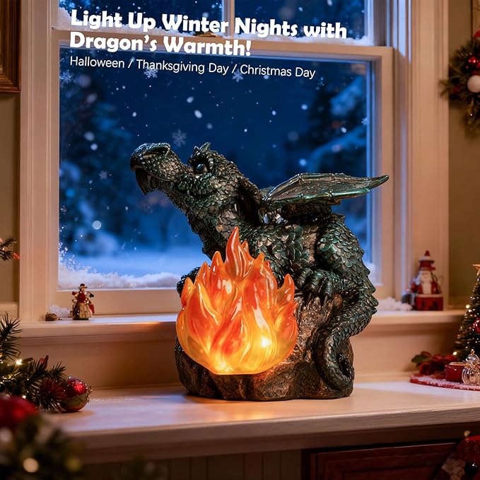 Solar Dragon Garden Decor, Porch Dragon Statue with Fiery Light - 6.8 inch Lawn Ornaments, Outdoor Decorative Art Gift for Patio, Yard, Backyard, Porch