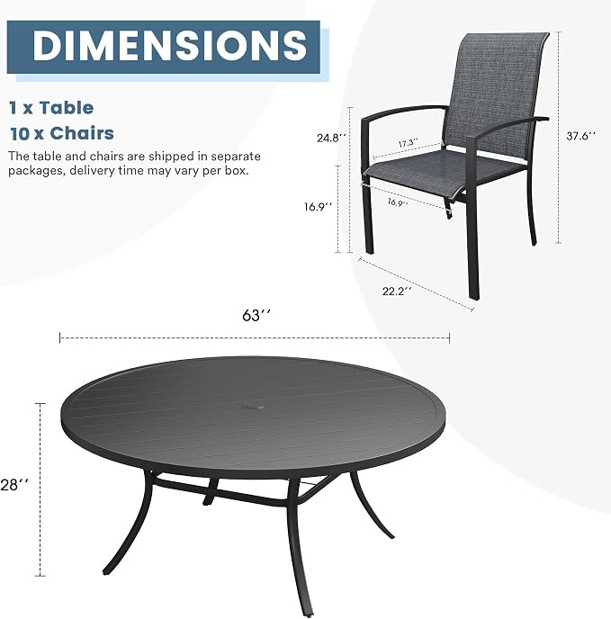 DIFY 11 Pieces Outdoor Dining Set for 10, 63" Round Dining Table with Umbrella Hole and Textilene Stackable Patio Chairs, Metal Patio Table and Chairs Set for Garden Backyard Poolside, Black