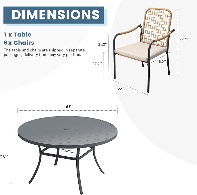 DIFY 7 Pieces Outdoor Dining Set for 6, 50" Round Dining Table with Umbrella Hole & Wicker Stackable Patio Chairs with Cushions, Metal Patio Table and Chairs Set for Backyard Porch Garden, Grey