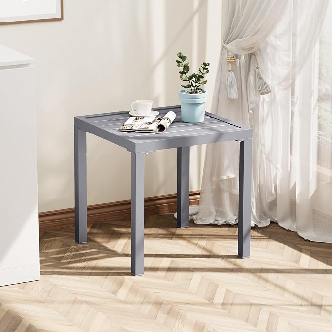 Crestlive Products Outdoor Side Table, Small Square Metal End Table Easy Assembly & Weather Resistant Pool Side Tables for Patio Balcony（Light Gray