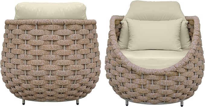 TWT 3 Pieces Aluminum Patio Furniture Set, Hand Woven Textilene Rope Outdoor Sofa Set w/Washable Cushion and Rock Slab Tabletop, Conversation Furniture for Livingroom Poolside Balcony (Light Brown)