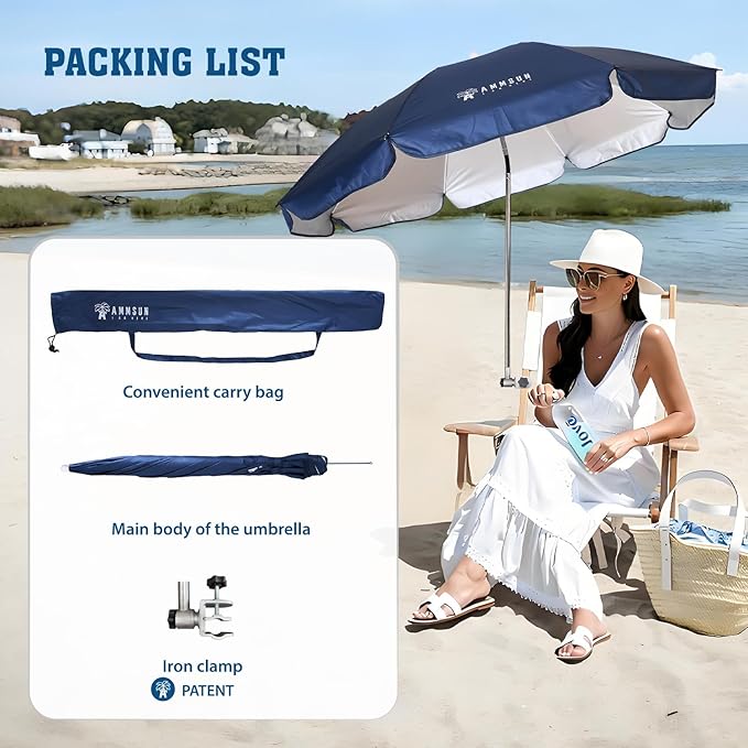 AMMSUN Chair Umbrella with Universal Clamp Adjustable 47 inches and 360° Swivel & UPF 50+ Protection Portable Sun Umbrella, Secure Clip on Camping/Beach Chairs, Stroller, Wheelchair, Golf cart, Lounger, Navy Blue, Large-sized