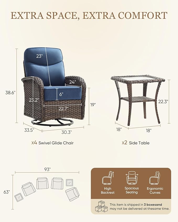 Belord Upgraded 6“ Cushion Luxury 6 Pieces Patio Furniture Set - All Weather Wicker Outdoor Swivel Rocker Patio Chairs of 4 with Side Table, High Back Glider Chairs Set for Deck Porch - Brown/Blue