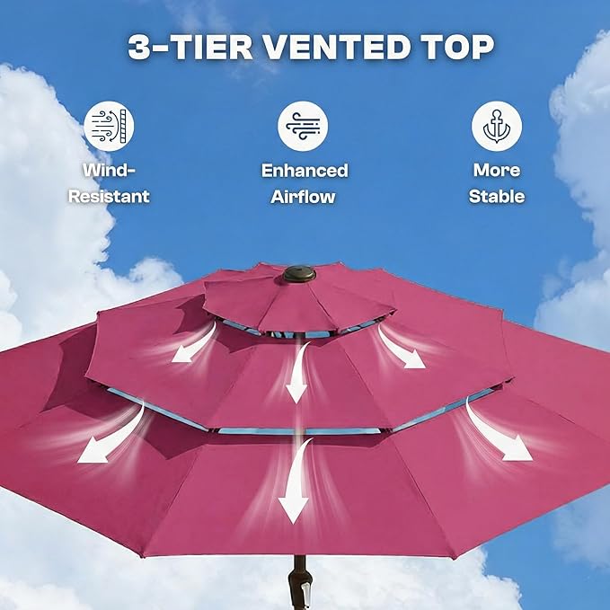 10ft 3-Tier Patio Umbrella with 32 Solar Powered LED Lights, Windproof Outdoor Market Umbrella for Deck, Poolside & Garden, Sturdy Push-Button Tilt Table Umbrella, Rose Pink