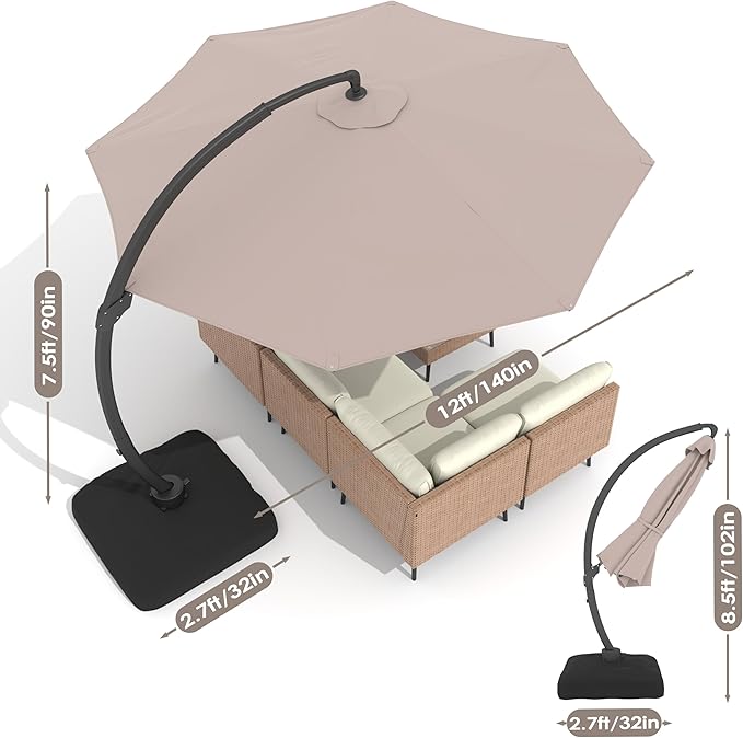 ENSTVER 12FT Solar Powered LED Light Cantilever Patio Umbrella With Base Included, Round Large Aluminum Outdoor Cantilever, Heavy Duty Offset Umbrella with 360°Rotation for Pool, Deck, Backyard