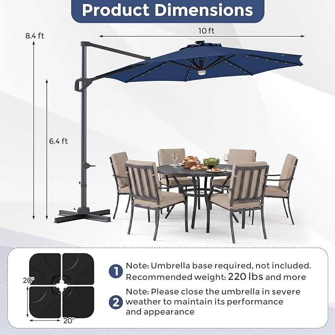 Tangkula 10ft Patio Umbrella with Solar Lights, Offset Cantilever Square Outdoor Umbrella with 35 LED Lights, Aluminum Pole, 360 Degree Rotation, Tilt Adjustment, Air Vent for Pool Deck Yard (Navy)